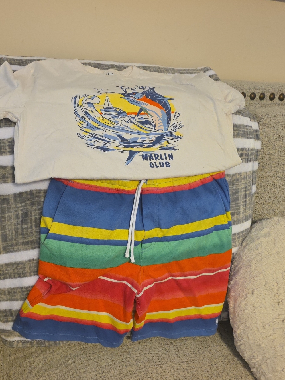 Polo by Ralph Lauren White Marlin Club Tee & Multicolor Stripe Shorts Kids Set